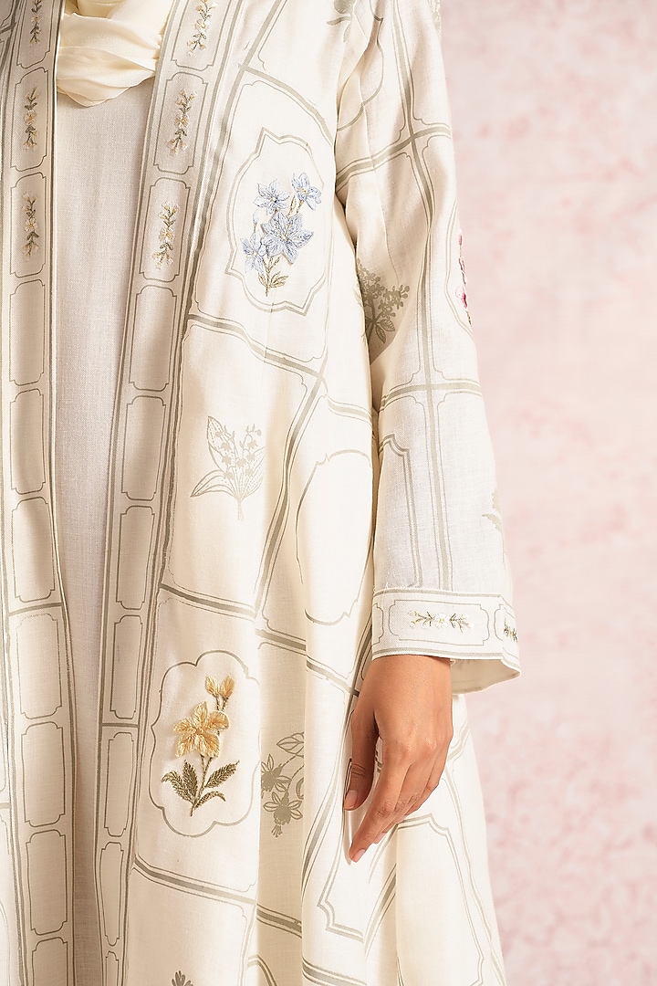 Off-White Linen Blend Floral Printed & Thread Work Abaya Jacket Cocktail Dress by Kaveri at Pernia's Pop Up Shop