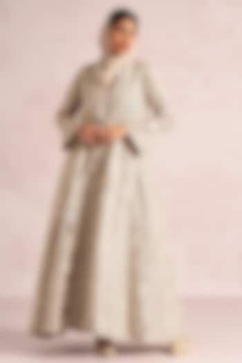 Natural Beige Linen Blend Floral Printed & Thread Work Abaya Jacket Cocktail Dress by Kaveri at Pernia's Pop Up Shop