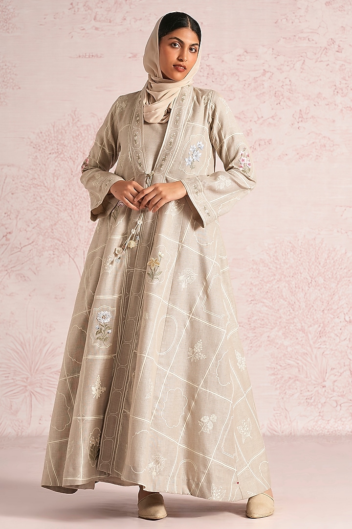 Natural Beige Linen Blend Floral Printed & Thread Work Abaya Jacket Cocktail Dress by Kaveri at Pernia's Pop Up Shop