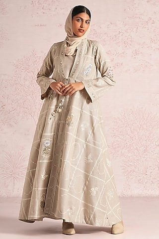 Natural Beige Linen Blend Floral Printed & Thread Work Abaya Jacket Dress by Kaveri