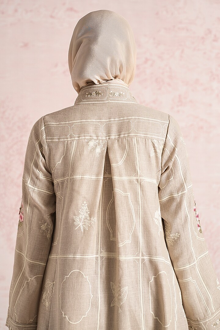 Natural Beige Linen Blend Floral Printed & Thread Work Abaya Jacket Cocktail Dress by Kaveri at Pernia's Pop Up Shop