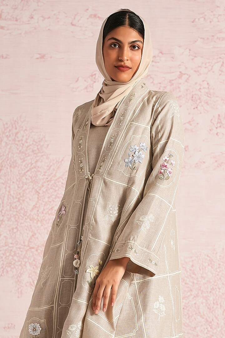 Natural Beige Linen Blend Floral Printed & Thread Work Abaya Jacket Cocktail Dress by Kaveri at Pernia's Pop Up Shop