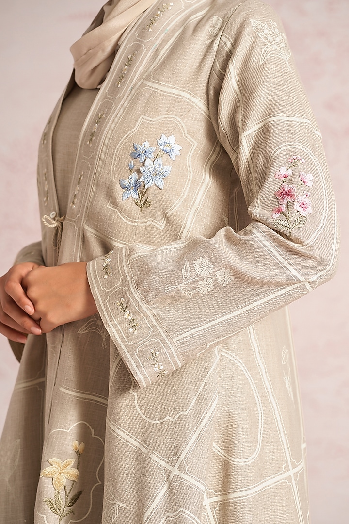 Natural Beige Linen Blend Floral Printed & Thread Work Abaya Jacket Cocktail Dress by Kaveri at Pernia's Pop Up Shop