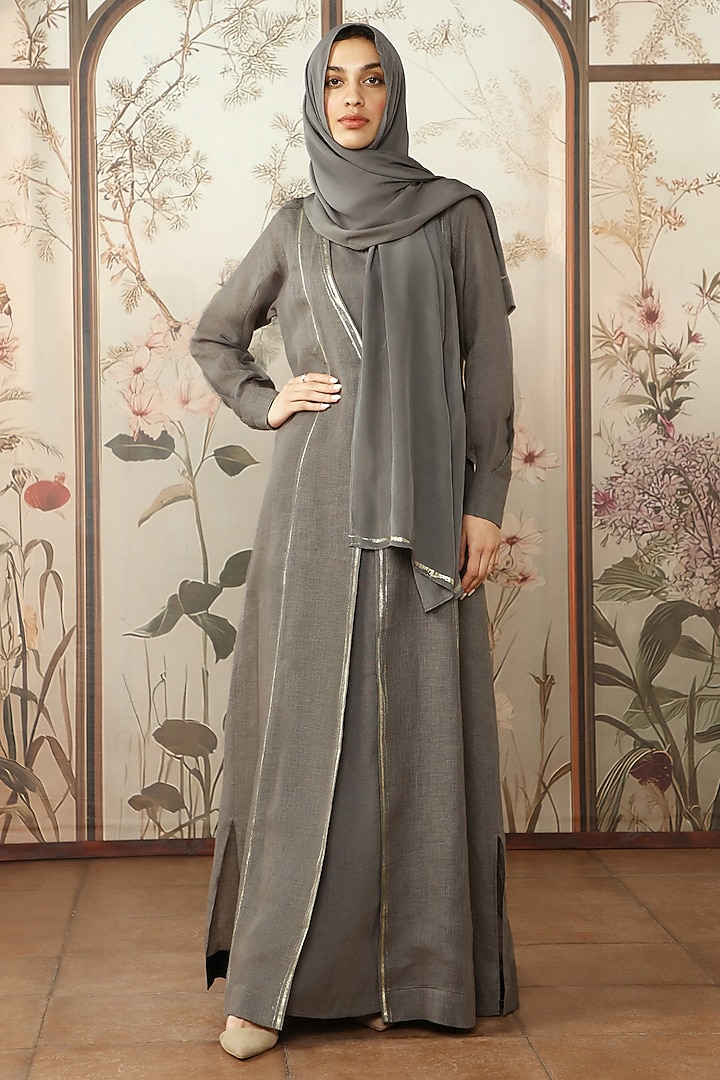 Ash Grey Linen Hand Screen Printed Abaya Jacket Vacation Dress by Kaveri at Pernia's Pop Up Shop