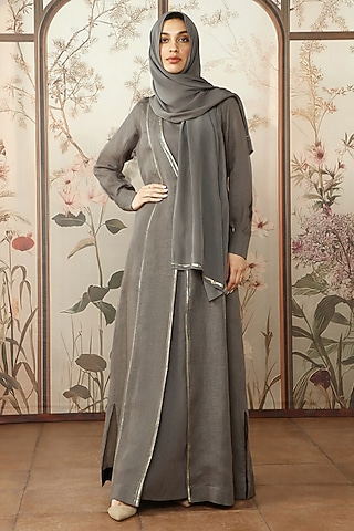 Ash Grey Linen Hand Screen Printed Abaya Jacket Dress by Kaveri
