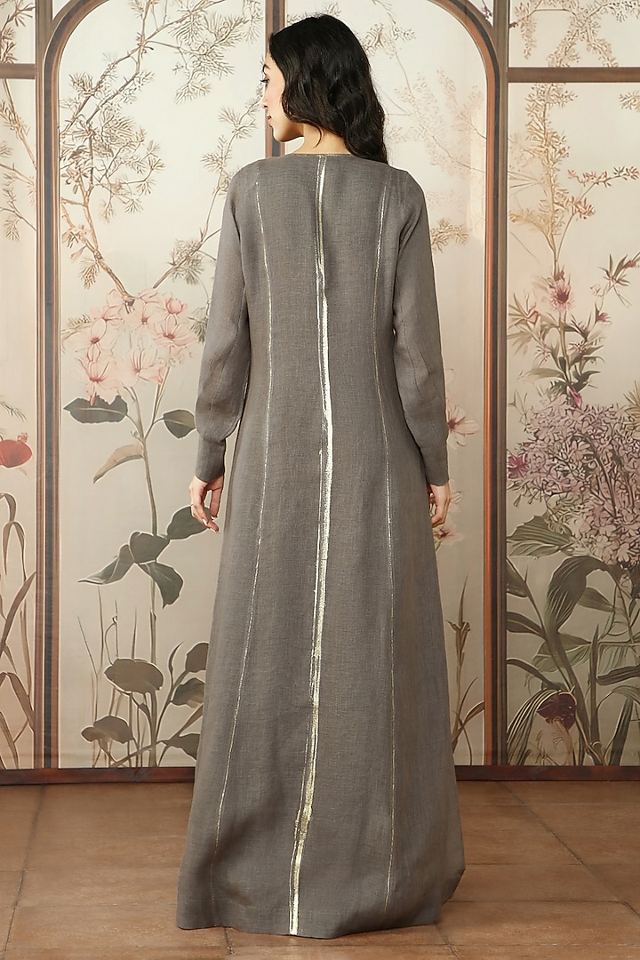 Ash Grey Linen Hand Screen Printed Abaya Jacket Vacation Dress by Kaveri at Pernia's Pop Up Shop