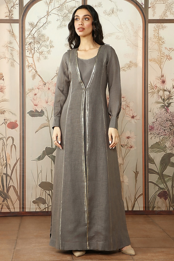 Ash Grey Linen Hand Screen Printed Abaya Jacket Vacation Dress by Kaveri at Pernia's Pop Up Shop