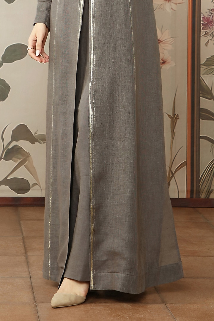 Ash Grey Linen Hand Screen Printed Abaya Jacket Vacation Dress by Kaveri at Pernia's Pop Up Shop