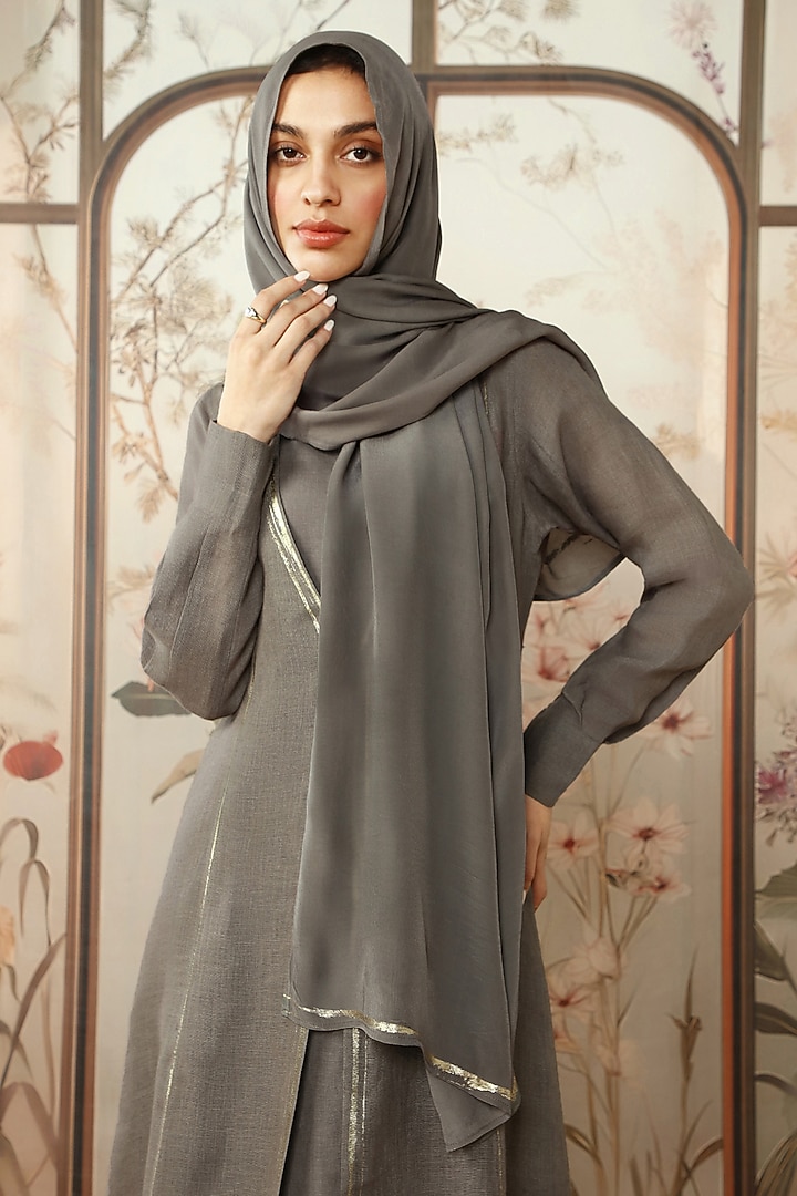 Ash Grey Linen Hand Screen Printed Abaya Jacket Vacation Dress by Kaveri at Pernia's Pop Up Shop