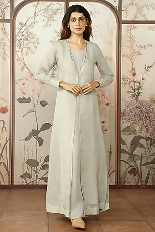 Natural Colored Linen Hand Screen Printed Abaya Jacket Dress by Kaveri