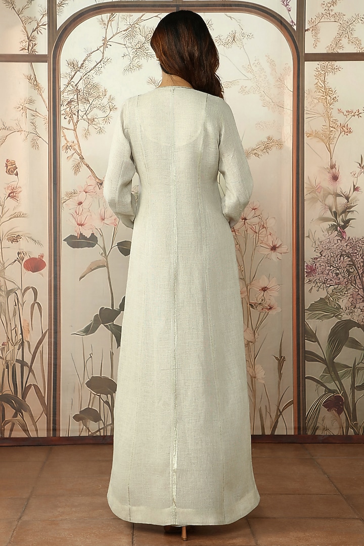 Natural Colored Linen Hand Screen Printed Abaya Jacket Vacation Dress by Kaveri at Pernia's Pop Up Shop