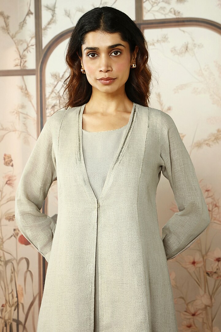 Natural Colored Linen Hand Screen Printed Abaya Jacket Vacation Dress by Kaveri at Pernia's Pop Up Shop