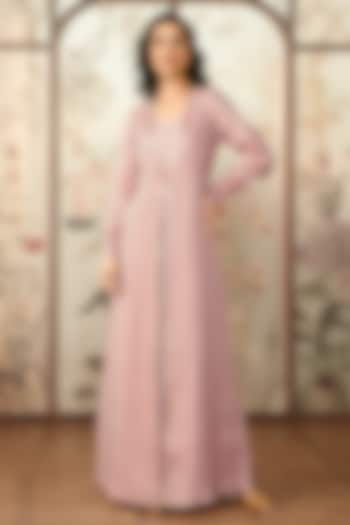 Blush Pink Linen Hand Screen Printed Abaya Jacket Vacation Dress by Kaveri at Pernia's Pop Up Shop