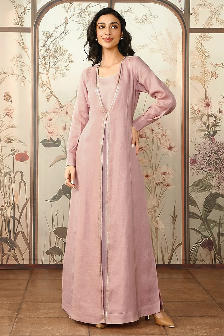 Blush Pink Linen Hand Screen Printed Abaya Jacket Vacation Dress by Kaveri at Pernia's Pop Up Shop