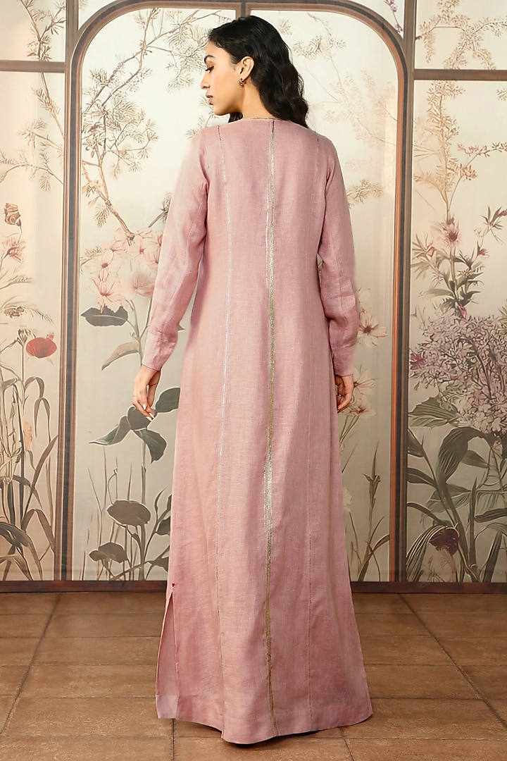 Blush Pink Linen Hand Screen Printed Abaya Jacket Vacation Dress by Kaveri at Pernia's Pop Up Shop