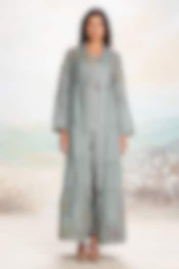 Jade Linen Hand Screen Printed Abaya Jacket Set by Kaveri at Pernia's Pop Up Shop