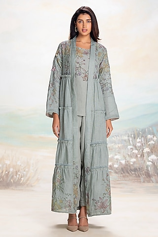 Jade Linen Hand Screen Printed Abaya Jacket Set by Kaveri
