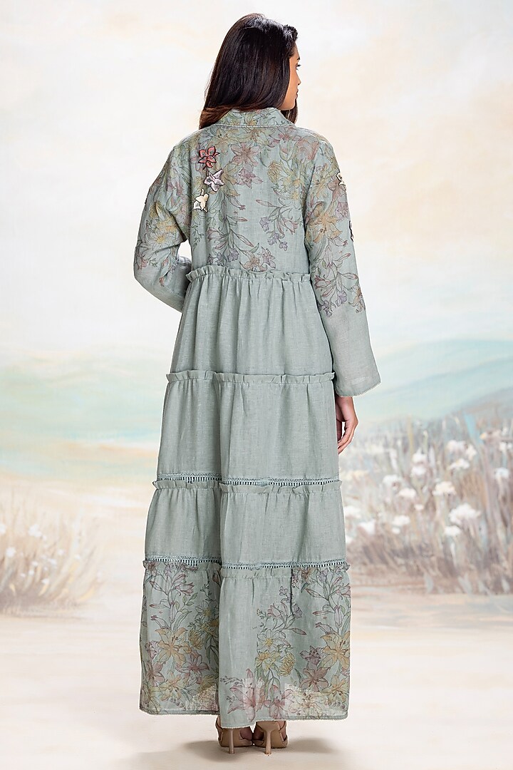 Jade Linen Hand Screen Printed Abaya Jacket Set by Kaveri at Pernia's Pop Up Shop