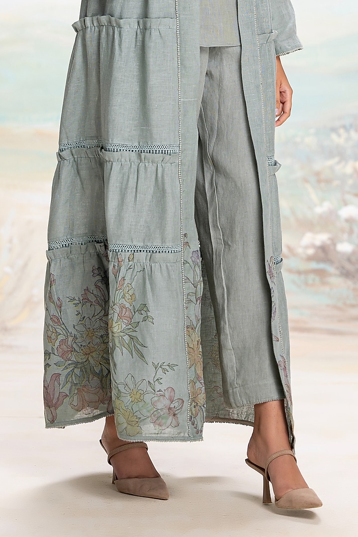 Jade Linen Hand Screen Printed Abaya Jacket Set by Kaveri at Pernia's Pop Up Shop