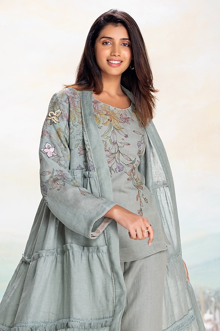 Jade Linen Hand Screen Printed Abaya Jacket Set by Kaveri at Pernia's Pop Up Shop