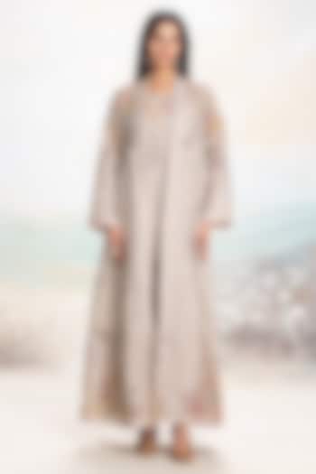 Natural Beige Linen Hand Screen Printed Abaya Jacket Set by Kaveri at Pernia's Pop Up Shop