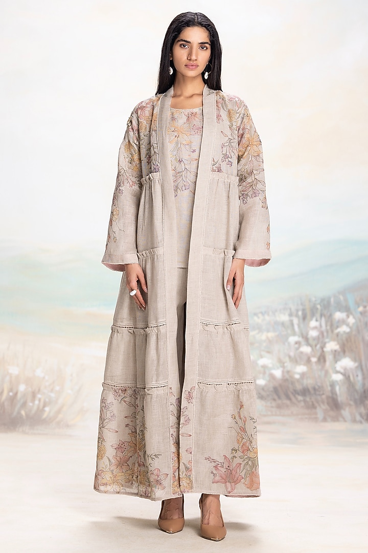 Natural Beige Linen Hand Screen Printed Abaya Jacket Set by Kaveri at Pernia's Pop Up Shop