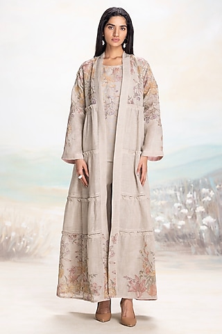 Natural Beige Linen Hand Screen Printed Abaya Jacket Set by Kaveri