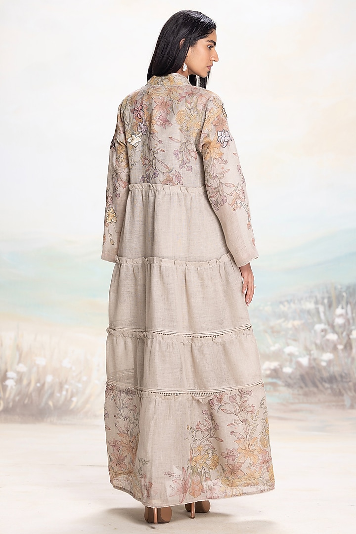 Natural Beige Linen Hand Screen Printed Abaya Jacket Set by Kaveri at Pernia's Pop Up Shop