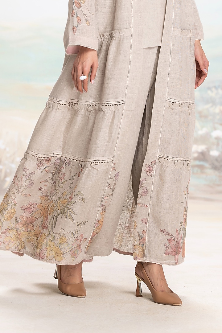 Natural Beige Linen Hand Screen Printed Abaya Jacket Set by Kaveri at Pernia's Pop Up Shop