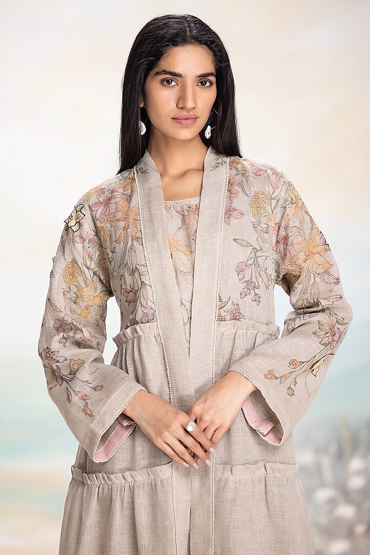 Natural Beige Linen Hand Screen Printed Abaya Jacket Set by Kaveri at Pernia's Pop Up Shop