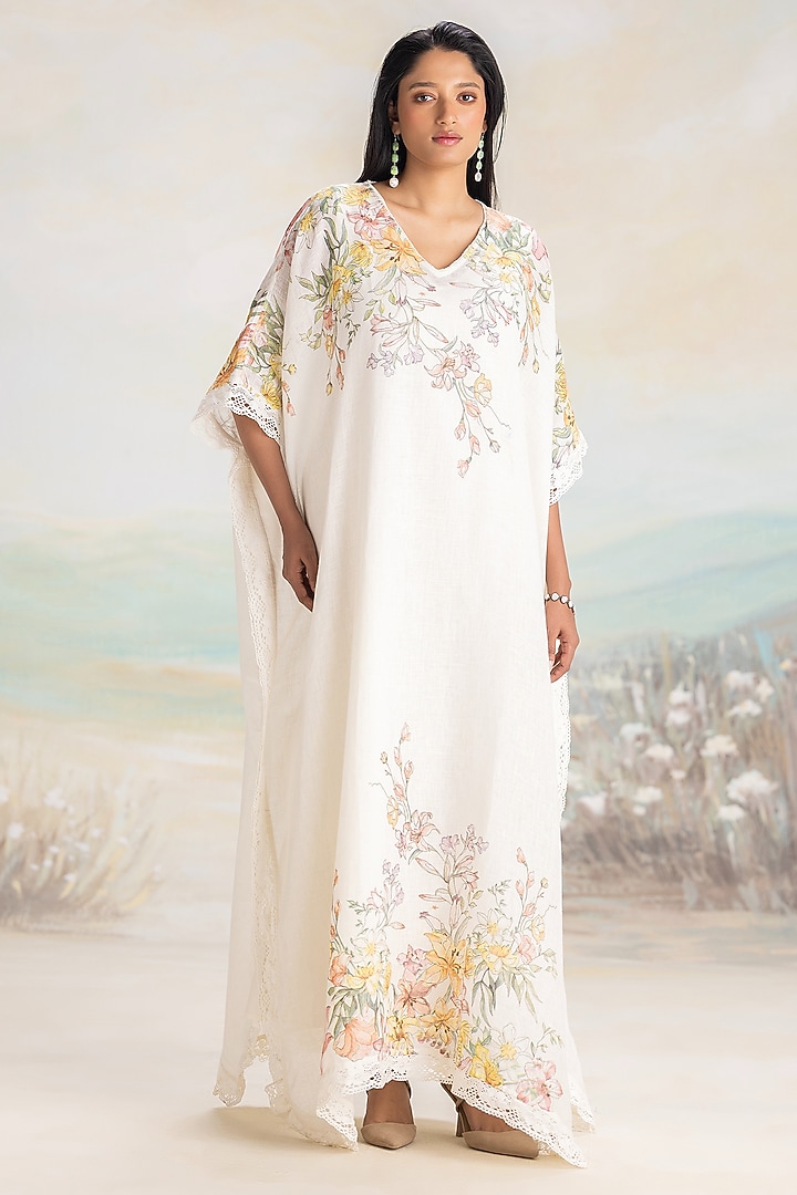 Off-White Linen Screen Printed Kaftan by Kaveri at Pernia's Pop Up Shop