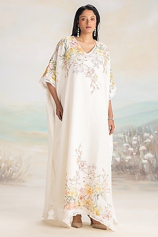 Off-White Linen Screen Printed Kaftan by Kaveri