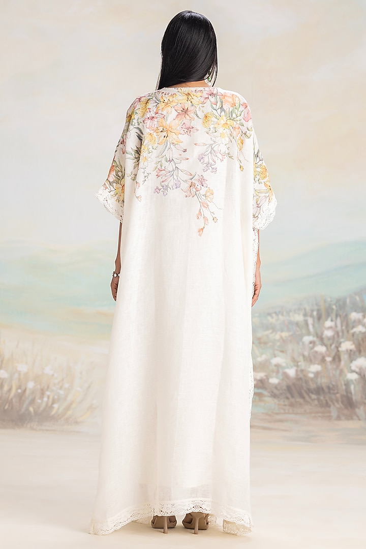 Off-White Linen Screen Printed Kaftan by Kaveri at Pernia's Pop Up Shop