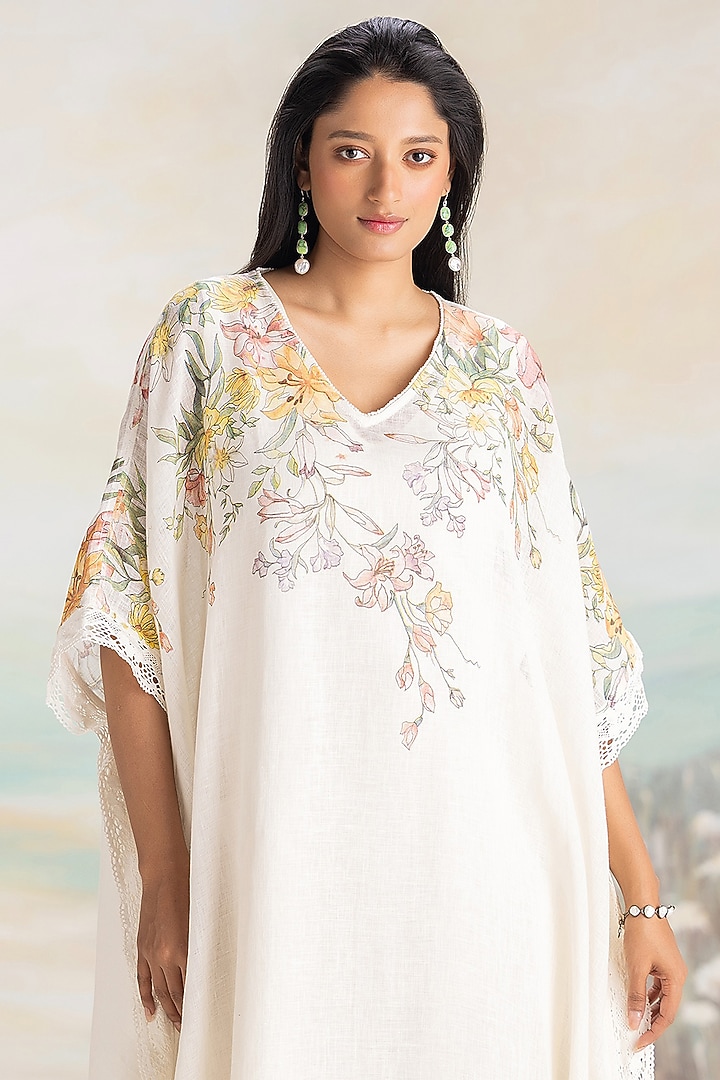 Off-White Linen Screen Printed Kaftan by Kaveri at Pernia's Pop Up Shop