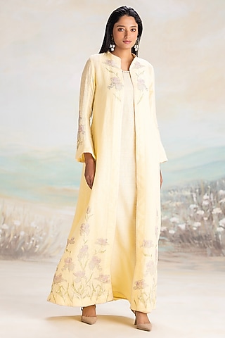 Buttercup Yellow Linen Hand Screen Printed Abaya Jacket Dress by Kaveri