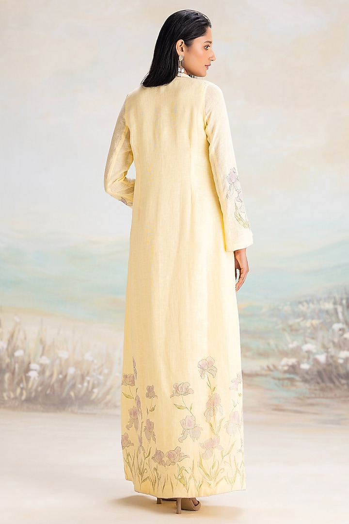 Buttercup Yellow Linen Hand Screen Printed Abaya Jacket Cocktail Dress by Kaveri at Pernia's Pop Up Shop