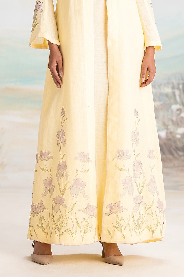 Buttercup Yellow Linen Hand Screen Printed Abaya Jacket Cocktail Dress by Kaveri at Pernia's Pop Up Shop