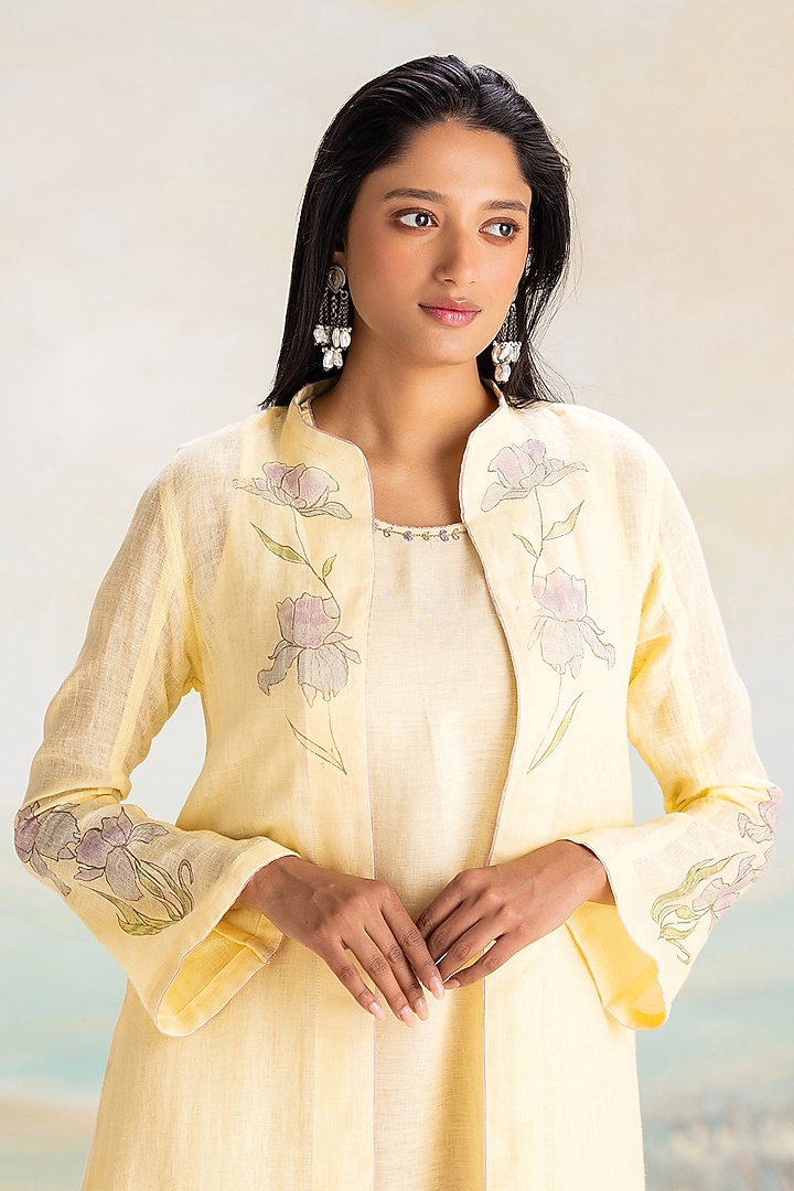 Buttercup Yellow Linen Hand Screen Printed Abaya Jacket Cocktail Dress by Kaveri at Pernia's Pop Up Shop