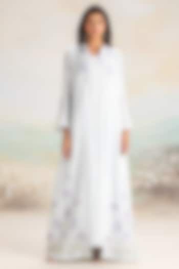 Powder Blue Linen Hand Screen Printed Abaya Jacket Cocktail Dress by Kaveri at Pernia's Pop Up Shop