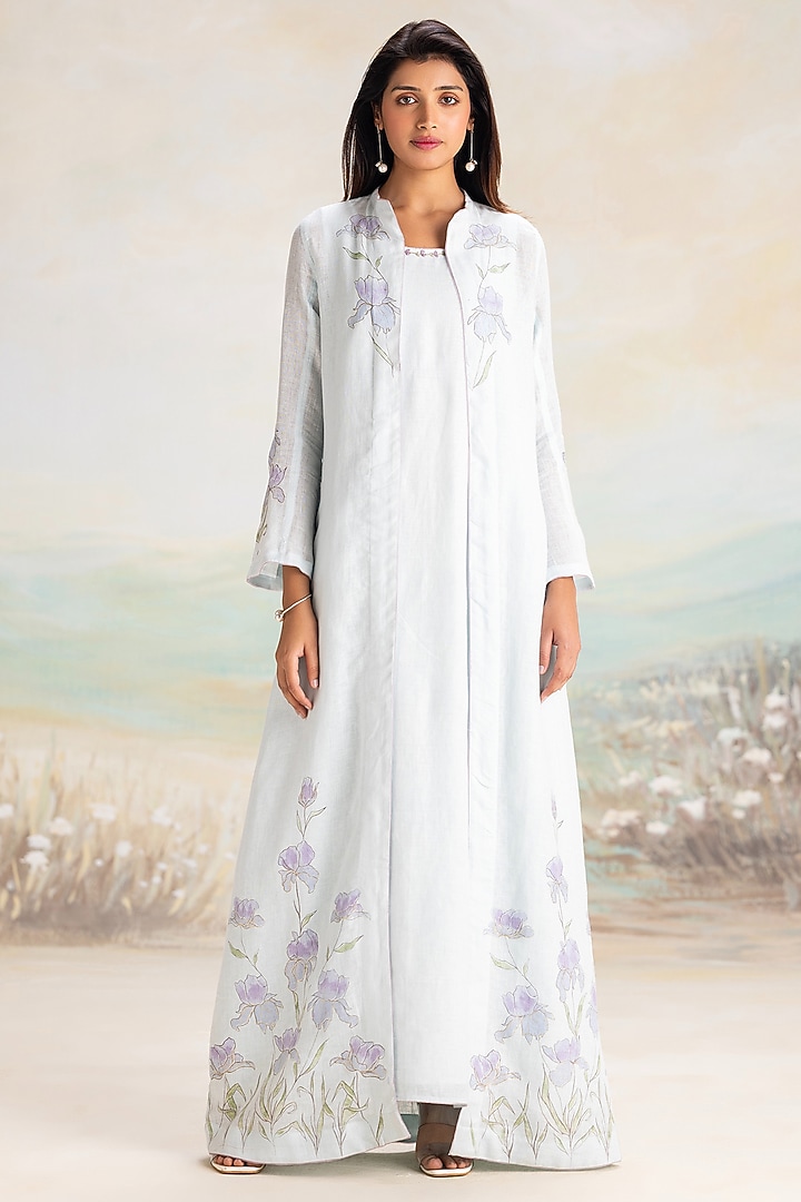Powder Blue Linen Hand Screen Printed Abaya Jacket Cocktail Dress by Kaveri at Pernia's Pop Up Shop