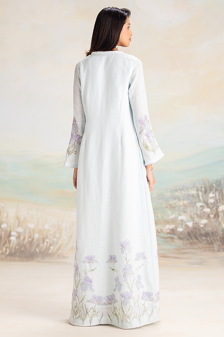 Powder Blue Linen Hand Screen Printed Abaya Jacket Cocktail Dress by Kaveri at Pernia's Pop Up Shop