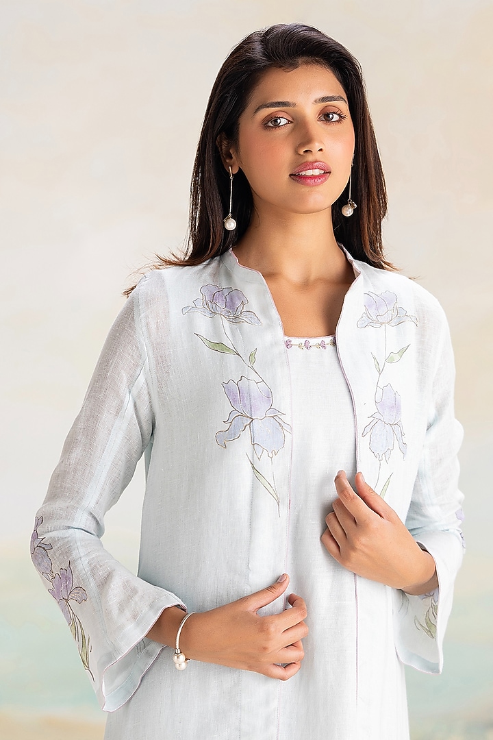 Powder Blue Linen Hand Screen Printed Abaya Jacket Cocktail Dress by Kaveri at Pernia's Pop Up Shop