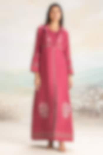 Pomegranate Colored Linen Hand Screen Printed & Embroidered Abaya Jacket Cocktail Dress by Kaveri at Pernia's Pop Up Shop