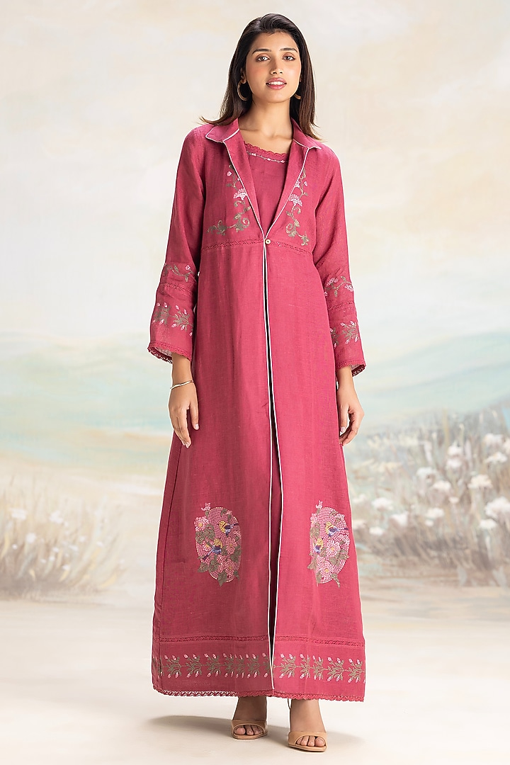 Pomegranate Colored Linen Hand Screen Printed & Embroidered Abaya Jacket Cocktail Dress by Kaveri at Pernia's Pop Up Shop