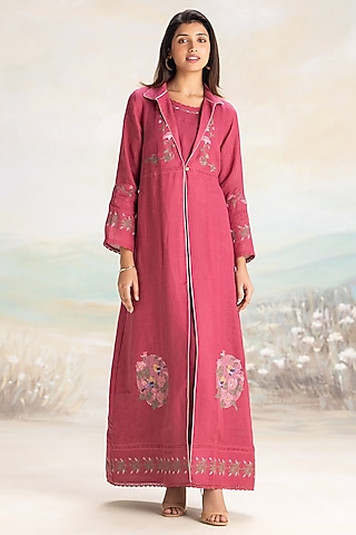 Pomegranate Colored Linen Hand Screen Printed & Embroidered Abaya Jacket Dress by Kaveri
