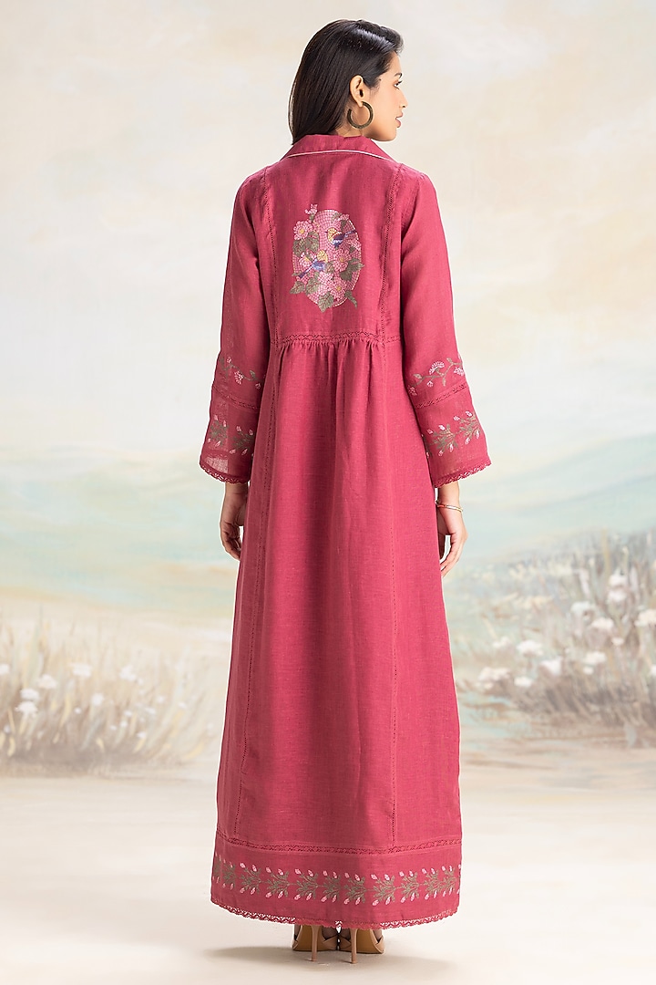 Pomegranate Colored Linen Hand Screen Printed & Embroidered Abaya Jacket Cocktail Dress by Kaveri at Pernia's Pop Up Shop