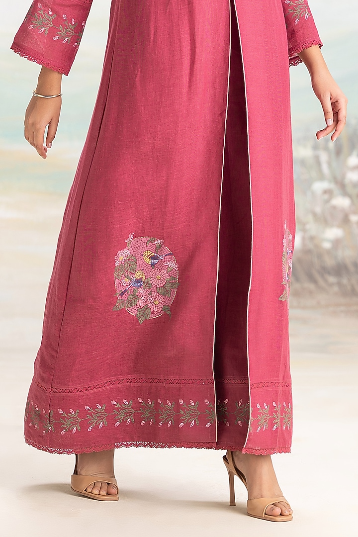Pomegranate Colored Linen Hand Screen Printed & Embroidered Abaya Jacket Cocktail Dress by Kaveri at Pernia's Pop Up Shop