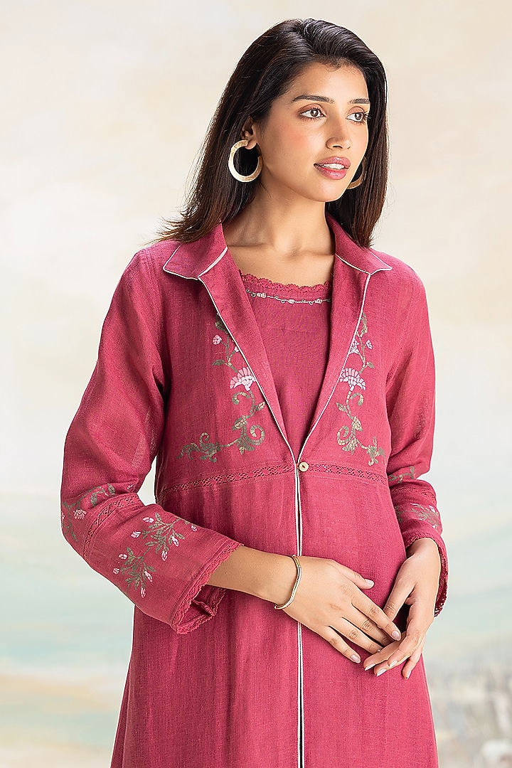 Pomegranate Colored Linen Hand Screen Printed & Embroidered Abaya Jacket Cocktail Dress by Kaveri at Pernia's Pop Up Shop