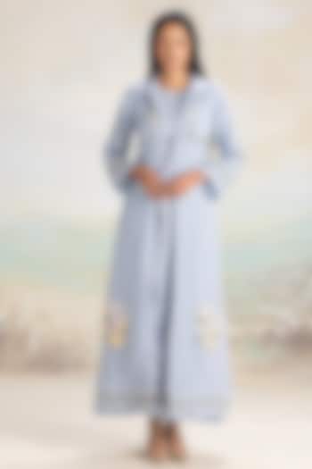 Star Blue Linen Hand Screen Printed & Embroidered Abaya Jacket Cocktail Dress by Kaveri at Pernia's Pop Up Shop
