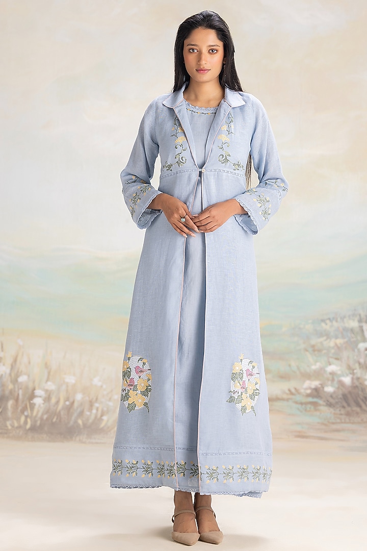 Star Blue Linen Hand Screen Printed & Embroidered Abaya Jacket Cocktail Dress by Kaveri at Pernia's Pop Up Shop